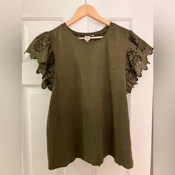 Anthropology Army Green Lace Back T-Shirt - Picture 1 of 6
